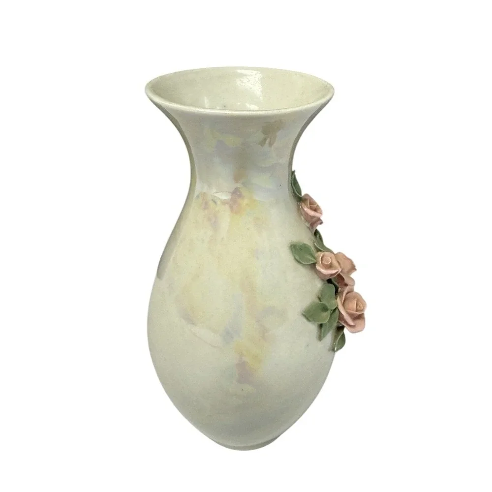 Vintage Floral Vase Iridescent Ceramic Roses Embossed Flower Bud‎ Vase Decor